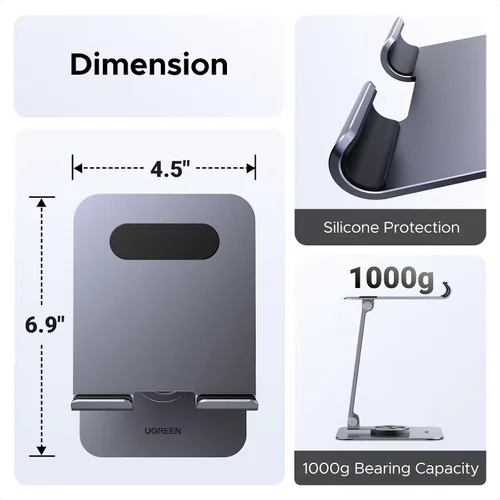 Miniatura 5 de UGREEN Soporte para tablet para escritorio con base giratoria de 360°, soporte de aluminio ajustable de múltiples ángulos, accesorios para el hogar