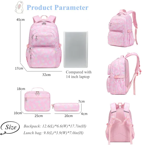 Miniatura 3 de Juego de 3 mochilas para niñas con bolsa de almuerzo a juego, mochila escolar para niñas