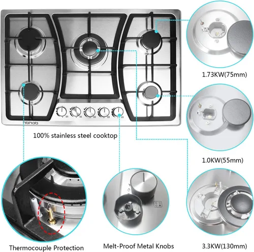 Miniatura 6 de Placa de cocina de gas de 30 pulgadas, 5 quemadores, estufa de gas, estufa de acero inoxidable, 5 quemadores sellados, rejillas de hierro fundido