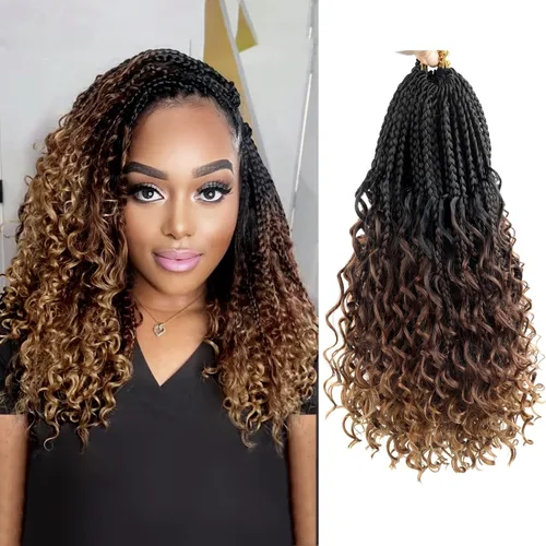 Miniatura 18 de Goddess Box Braids - Trenzas de cabello a ganchillo con extremos rizados, trenzas de caja bohemianas de 16 pulgadas, trenzas de ganchillo, 8 1B-4-30