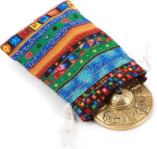 Miniatura 4 de Boao Campanas tibetanas Tingsha, platillos de meditación con bolsa de tela con cordón tibetano, timbre de meditación para instrumentos de percusión