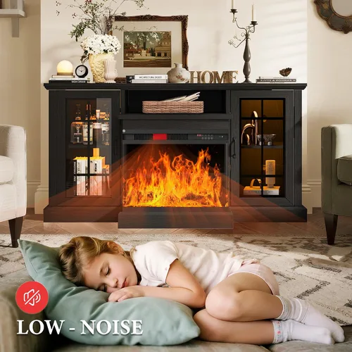 Miniatura 2 de MXV - Soporte de chimenea para TV de 59 pulgadas, centro de entretenimiento estilo granja con soporte de TV de 3 lados de vidrio, consola multimedia