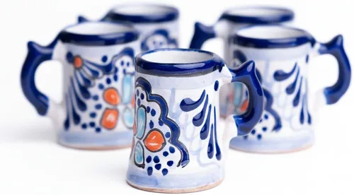 Miniatura 35 de Juego de 4 vasos de chupito Talavera auténticos mexicanos para tequila - Pintados a mano - 2 Oz (Flores naranjas)
