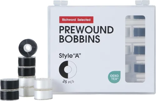 Poolin Bobinas preenrolladas Richword Selected 25 unidades, blanco + negro, tamaño A, lado de plástico, hilo de poliéster 70D/2 (60WT) para máquina