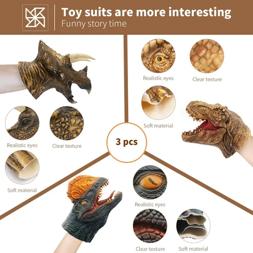 Miniatura 5 de Yolococa Juego de títeres de mano de dinosaurio realista de látex suave con cabeza de animal, juguetes de marionetas de mano, regalo para niños