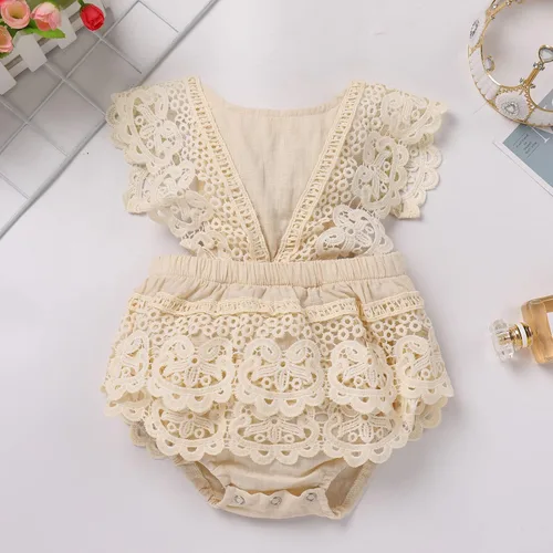 Miniatura 4 de IMEKIS Conjunto de mameluco de encaje bohemio para bebé recién nacido para primer cumpleaños + diadema + cinturón de banda