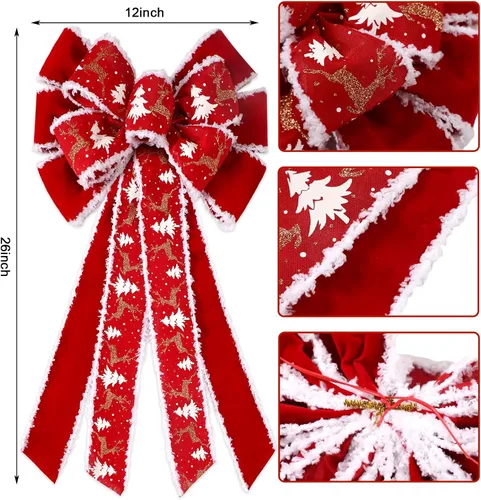 Miniatura 4 de Riceshoot 6 lazos grandes de Navidad para exteriores, 26 x 12 pulgadas, adorno para árbol de Navidad, lazo de terciopelo rojo con purpurina