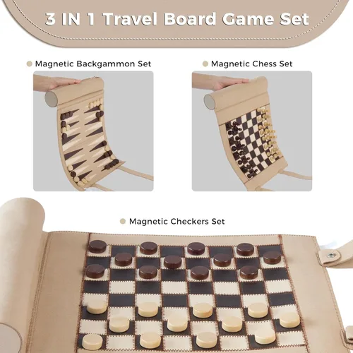 Miniatura 3 de Woodronic Juego de backgammon de ajedrez magnético, juego de ajedrez magnético 3 en 1 para adultos, juego de mesa de gamuza portátil enrollable