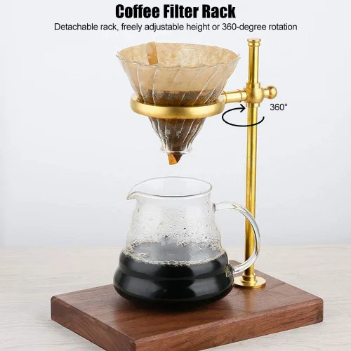 Miniatura 6 de Fdit Soporte para gotero de café de latón con base de madera, altura ajustable, rotación de 360 grados, preparación manual, 8.8 x 6.3 x 10.8 pulgadas
