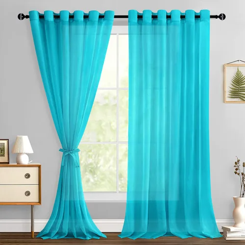 Miniatura 172 de Hiasan - Cortinas traslúcidas de gasa cortas semitransparentes con ojales y alzapaños filtrantes de luz para ventana, dormitorio, baño, 2 paneles