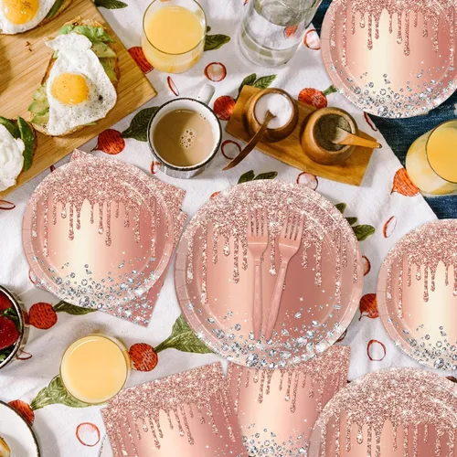 Miniatura 5 de Juego de platos y servilletas de fiesta de oro rosa, decoraciones de cumpleaños rosas, suministros temáticos de diamantes, sirve para 24 invitados