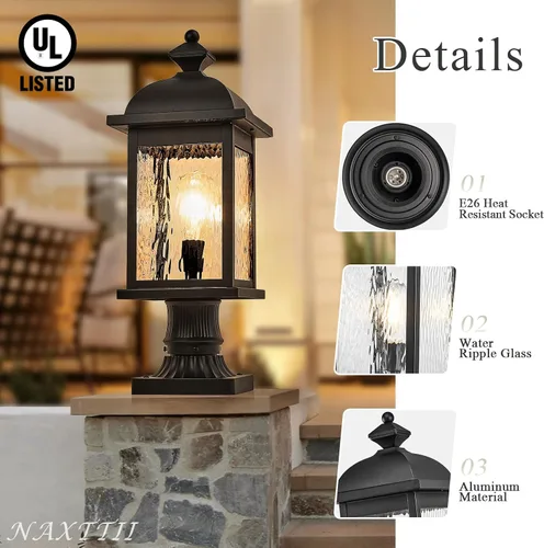 Miniatura 5 de Luz de poste al aire libre de aluminio para exteriores, con cable duro con vidrio ondulado de agua, acabado negro mate, 16 pulgadas de altura