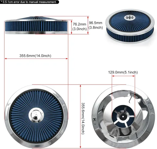 Miniatura 6 de PTNHZ Conjunto de filtro de filtro de aire redondo de 14 x 3 pulgadas con caburetor de tapa de flujo alto compatible con Chevrolet GMC Ford (azul)