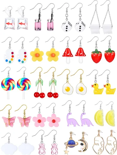 20 pares de aretes divertidos, adorables y raros para mujeres y niñas, con inclusión de osito de goma, té con leche, pez dorado, caricatura pintada