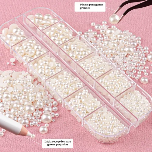 Miniatura 4 de Kit de 2700 perlas con parte trasera plana, 1 caja de color blanco con parte trasera plana + 1 caja de perlas pequeñas de color beige medio redondo