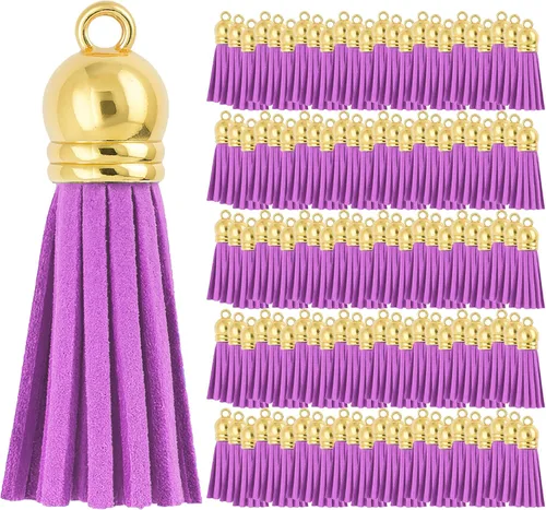 Miniatura 61 de Mandala Crafts 100 borlas de gamuza sintética color aguamarina con tapa dorada, suministros para hacer llaveros a granel, pequeñas borlas de cuero