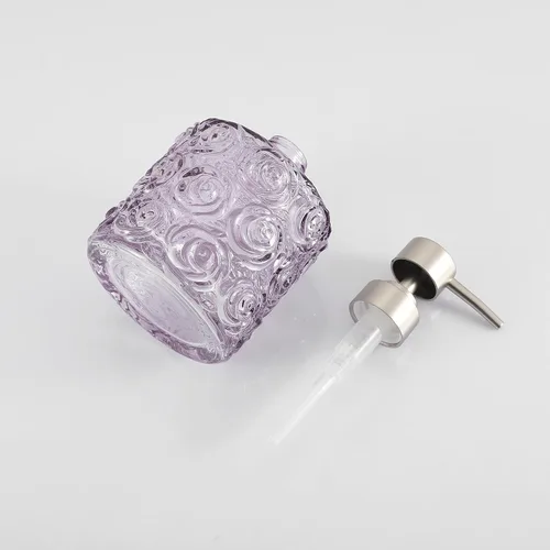 Miniatura 8 de Dispensador de jabón de vidrio Marcella con bomba de jabón, recargable con capacidad de 400 ml, diseño floral con patrones de rosas, vidrio grueso