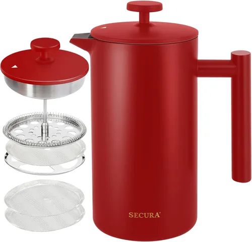Secura Cafetera de Prensa Francesa, Prensa de Café de Acero Inoxidable de Doble Pared Grado 304 con 2 Filtros Adicionales, 34oz (1L), Rojo