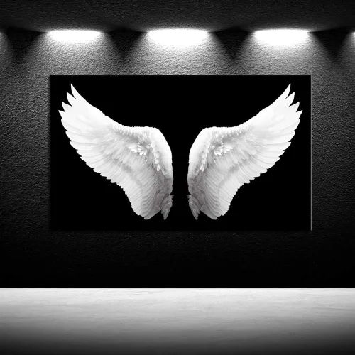iKNOW FOTO Lienzo grande en blanco y negro con alas de ángel, arte de pared, pintura contemporánea para sala de estar, obra enmarcada para paredes,