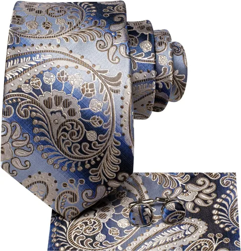 Miniatura 71 de Hi-Tie Corbatas de seda para hombre, diseño de cachemira a rayas, con bolsillo, gemelos cuadrados, conjunto formal de negocios