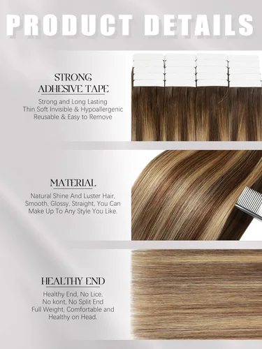 Miniatura 3 de Lacer Extensiones de cabello humano Remy con cinta, 20 piezas, 1.76 oz, extensiones de cabello humano con cinta color marrón chocolate a rubio
