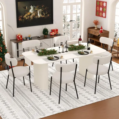 Miniatura 15 de Juego de mesa de comedor ovalada negra moderna de 70.9 pulgadas para 4, mesa de cocina rectangular estilo crema con sillas negras Boucle, juego