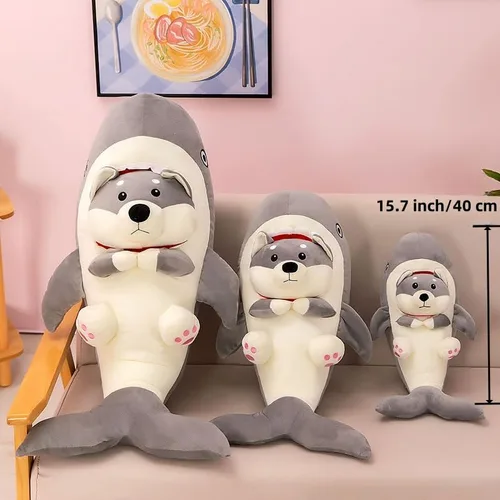 Miniatura 3 de Almohada de felpa de perro de tiburón de 15.7 pulgadas, juguete de peluche suave de animales de tiburón para abrazar, almohada para dormir