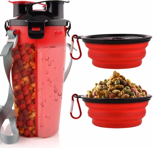 Miniatura 8 de Botella de agua de viaje para perros, cuencos plegables 2 en 1, contenedor de comida para mascotas con cuencos plegables, cuencos de agua portátiles