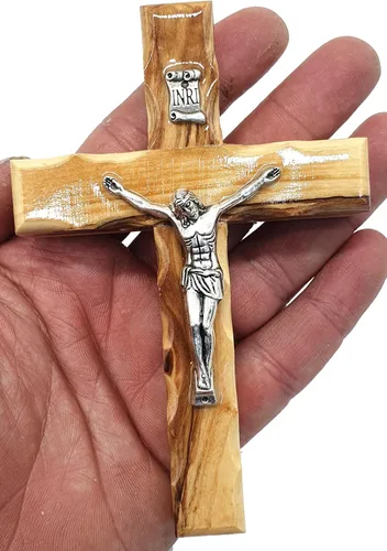 Miniatura 13 de Zuluf Cruz latina de madera de olivo de 7.8 "con crucifijo chapado en plata, regalo de pared cristiana de Belén Tierra Santa CRS064