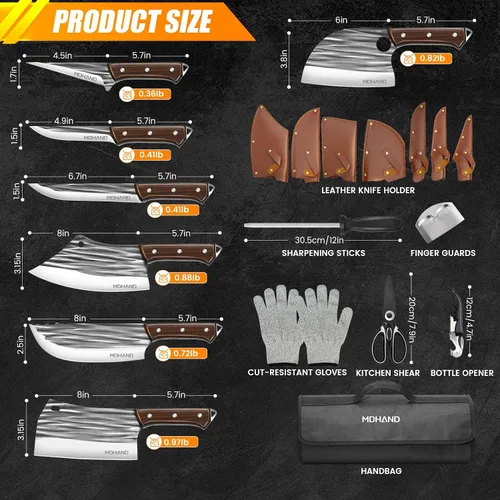Miniatura 4 de MDHAND 14 piezas de juego de cuchillos de carnicero profesional con bolsa enrollable, juego de cuchillos de chef serbios forjados a mano, cuchillos