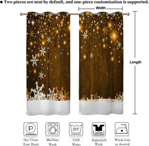 Miniatura 6 de Renaiss Cortinas opacas de Navidad con tablones de madera rústica para dormitorio, con ojales, estampado de copos de nieve navideños, cortinas