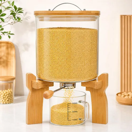 Goaste Dispensador de arroz de vidrio con soporte de bambú, recipiente de cereales de harina de 5 litros con tapa hermética, cubo de almacenamiento