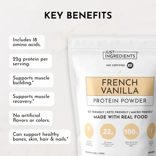Miniatura 8 de JUST INGREDIENTS Polvo de proteína de vainilla francesa – Bolsa de 30 porciones – Mezcla de suero de leche alimentada con pasto y proteína vegetal