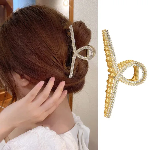 Miniatura 11 de Pinzas de metal grandes para el cabello con diseño de lazo negro y perlas blancas, pinzas antideslizantes para mujeres y niñas, agarre fuerte