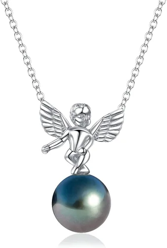 Nonnyl Collares de perlas negras para mujer con auténtico colgante de perlas cultivadas de Tahití real de calidad AAAA con diseño de ángeles, collar