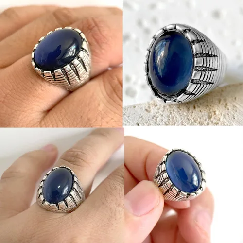 Miniatura 3 de THJEW Juego de 4 anillos de piedras preciosas naturales retro, juego de anillos de piedra real chapados en plata gruesa, regalo de joyería