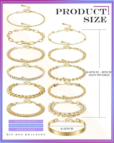 Miniatura 2 de Juego de 12 pulseras de oro delicadas para mujer, ajustables, chapadas en oro de 14 quilates, joyería de oro punk, pulseras de cuentas de moda