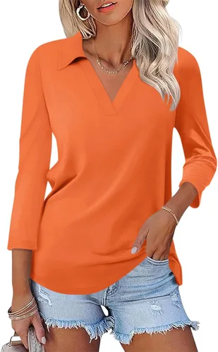 Miniatura 7 de TICTICMISS - Camisas polo de cuello en V para mujer, manga 3/4, con cuello, tops casuales de negocios, tops de verano a la moda, holgados