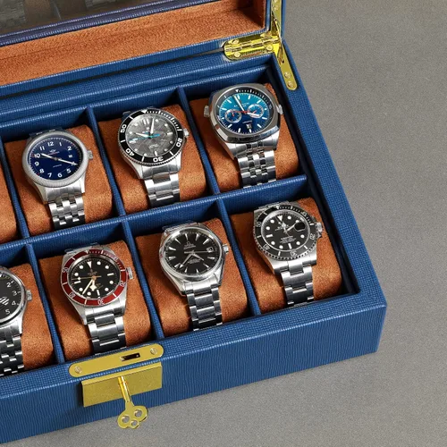 Miniatura 4 de ROTHWELL Caja de reloj de cuero con 10 ranuras, organizador de joyas de lujo, soporte para reloj con tapa de cristal grande, organizador de caja