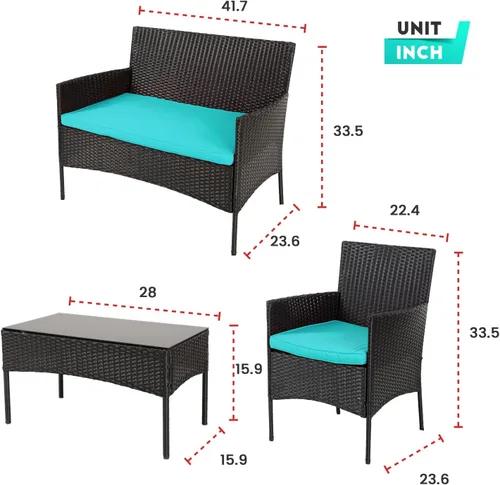 Miniatura 8 de Juego de 4 muebles modulares para exteriores, juego de muebles de mimbre resistentes al agua con 3 sillas de ratán, 1 cojín de mesa con tapa