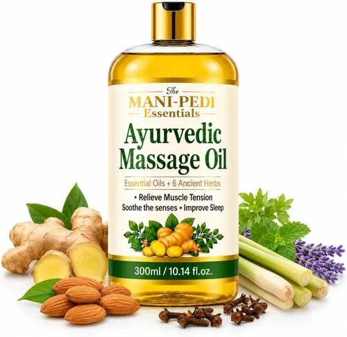 Aceite ayurvédico, aceite de masaje con 6 hierbas antiguas con aceites de clavo, almendra, citronela y lavanda. Alivia las tensiones musculares,