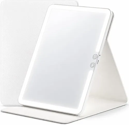 Miniatura 11 de Espejo de maquillaje de viaje con luces, espejo de tocador iluminado, 11.9 pulgadas, cuero blanco perla iridiscente