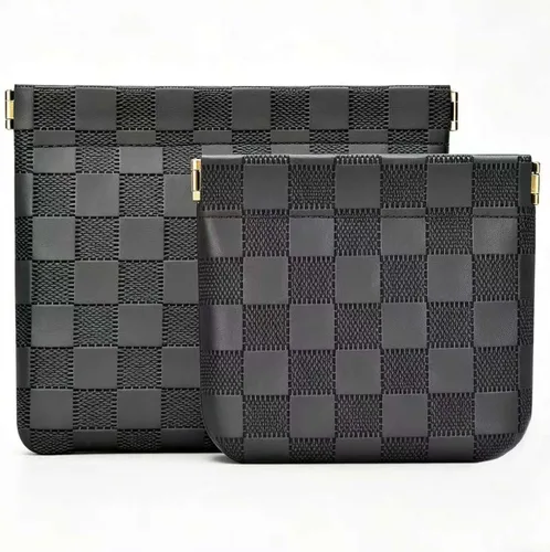 Juego de 2 bolsas de maquillaje a cuadros, color negro, bolsa de cosméticos con bolsillo de cuero para bolso, bolsa de maquillaje pequeña