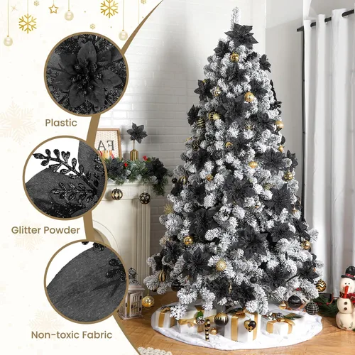 Miniatura 3 de Alupssuc 24 PCS Flores de Pascua Navideñas Negras Artificiales con Purpurina, Decoraciones Navideñas para Árbol, Corona, Chimenea, Flores de Pascua