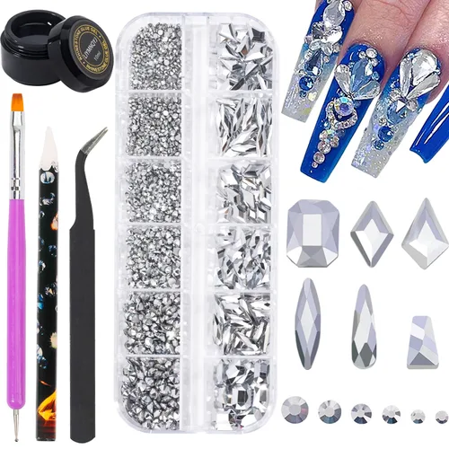 Miniatura 9 de Kit de diamantes de imitación para uñas, 1500 piezas de diamantes de imitación redondos con parte trasera plana, gemas de uñas AB multiformas, 0.3