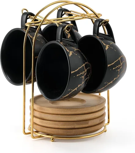 LUKA - Juego de tazas de café de cerámica con platillos y soporte de metal, tazas de capuchino apilables de 8 onzas, taza de té para té, espresso,