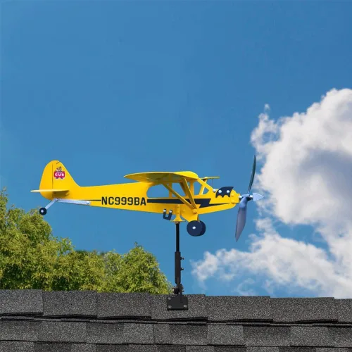 Miniatura 5 de Veleta de avión Piper J3 Cub hecha a mano para patio, avión, molino de viento de metal, escultura al aire libre, modelo de avión (grande)