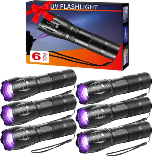 Paquete de 6 pequeñas linternas UV de luz negra, linternas de luz UV de 395 nm, linterna LED portátil de luz negra, mini detector de luces negras