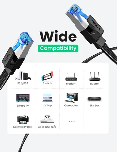 Miniatura 4 de UGREEN Cable Ethernet Cat 8 de 1.5 pies, cable de Internet plano de alta velocidad de 40 Gbps 2000 MHz, cable de red trenzado de 26 AWG, cables LAN