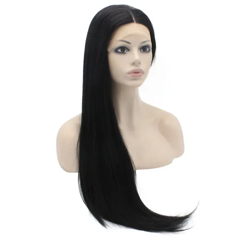Miniatura 3 de Mxangel - Peluca de cabello sintético largo y lacio con encaje frontal, color negro, natural atado a mano, resistente al calor